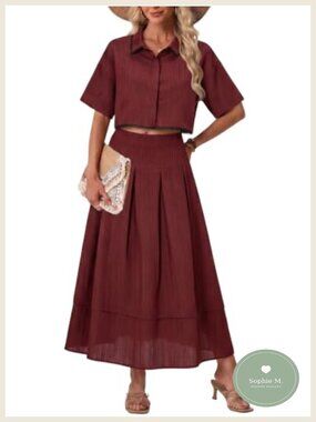 Women's 2 Piece Pinstripe Maxi Skirt Set Button Down Crop Top Midi Pleated